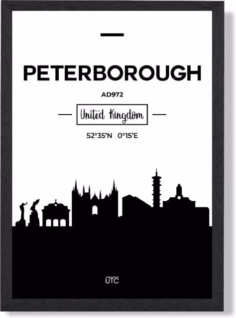 ARTZE Peterborough Black and White City Skyline Framed Print, A4 – 1