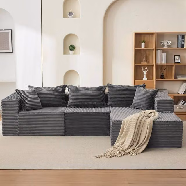 London Boutique L-Shaped Corduroy Sectional Modular Sofa in Dark Grey