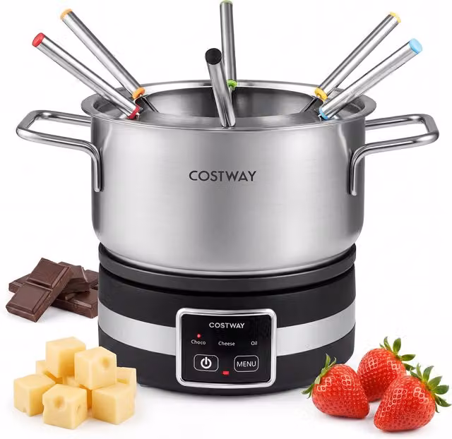 Costway Electric Fondue Pot Set in Silver with Adjustable Thermostat and Stainless Steel Parts