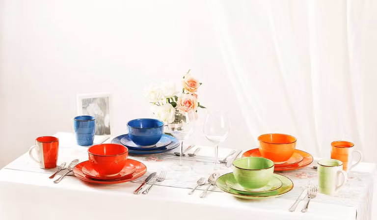 Simpa 18-Piece Hand Painted Multicolour Striped Stoneware Dinner Set