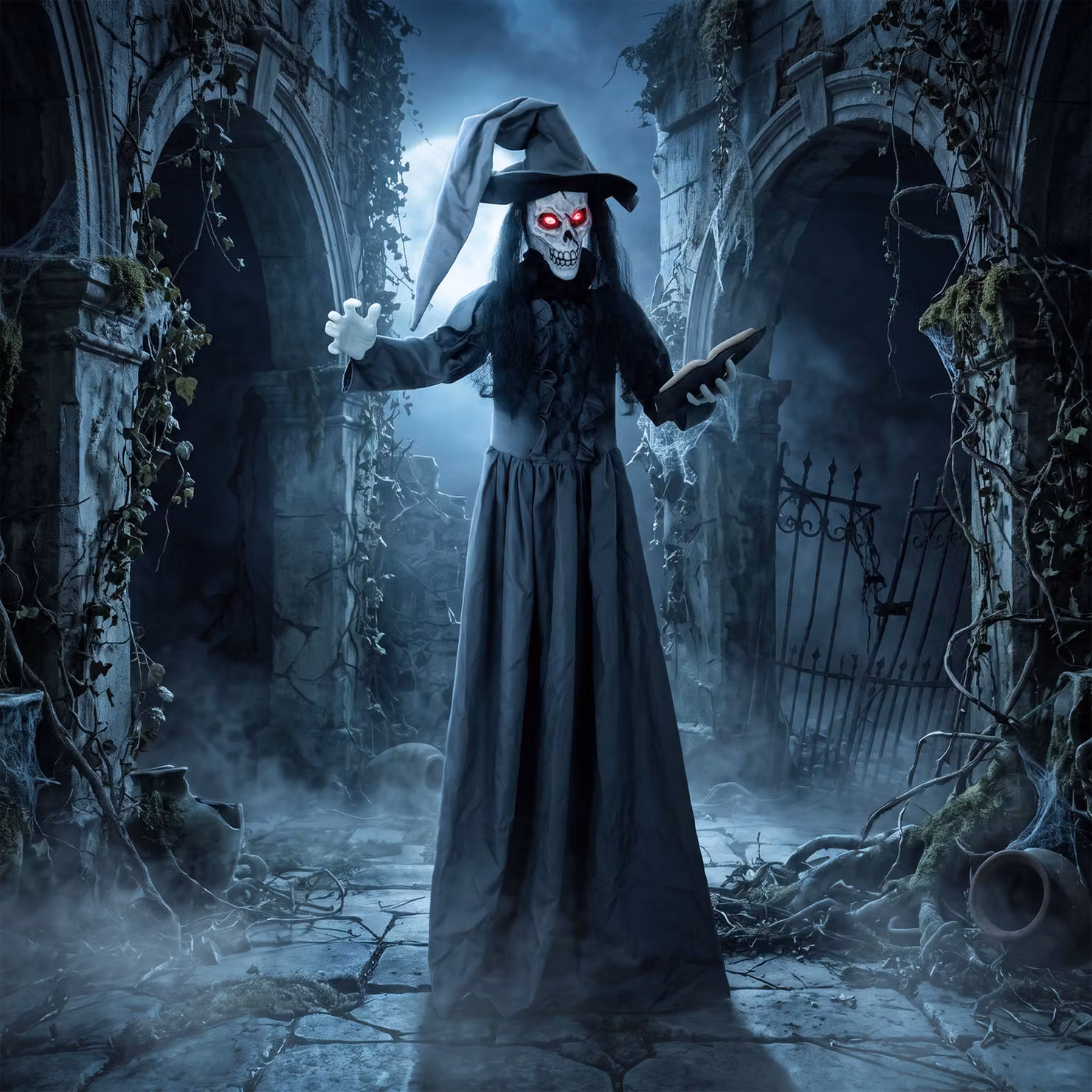 HOMCOM 180cm Life Size Animated Witch Halloween Decoration in Grey and Red – 2