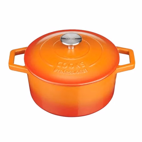 Cooks Professional Enamelled Cast Iron Casserole Dish with Lid and Handles, Orange, 2.8 l