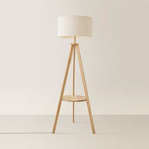 ValueLights Morrigan Modern Wood Tripod Floor Lamp with Beige Fabric Cylinder Shade, H 148 x W 45 x D 45 cm – 1
