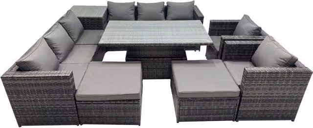 Fimous 10 Seater Outdoor Garden Rattan Furniture Set with Side Table and 2 Stools in Dark Grey – 1