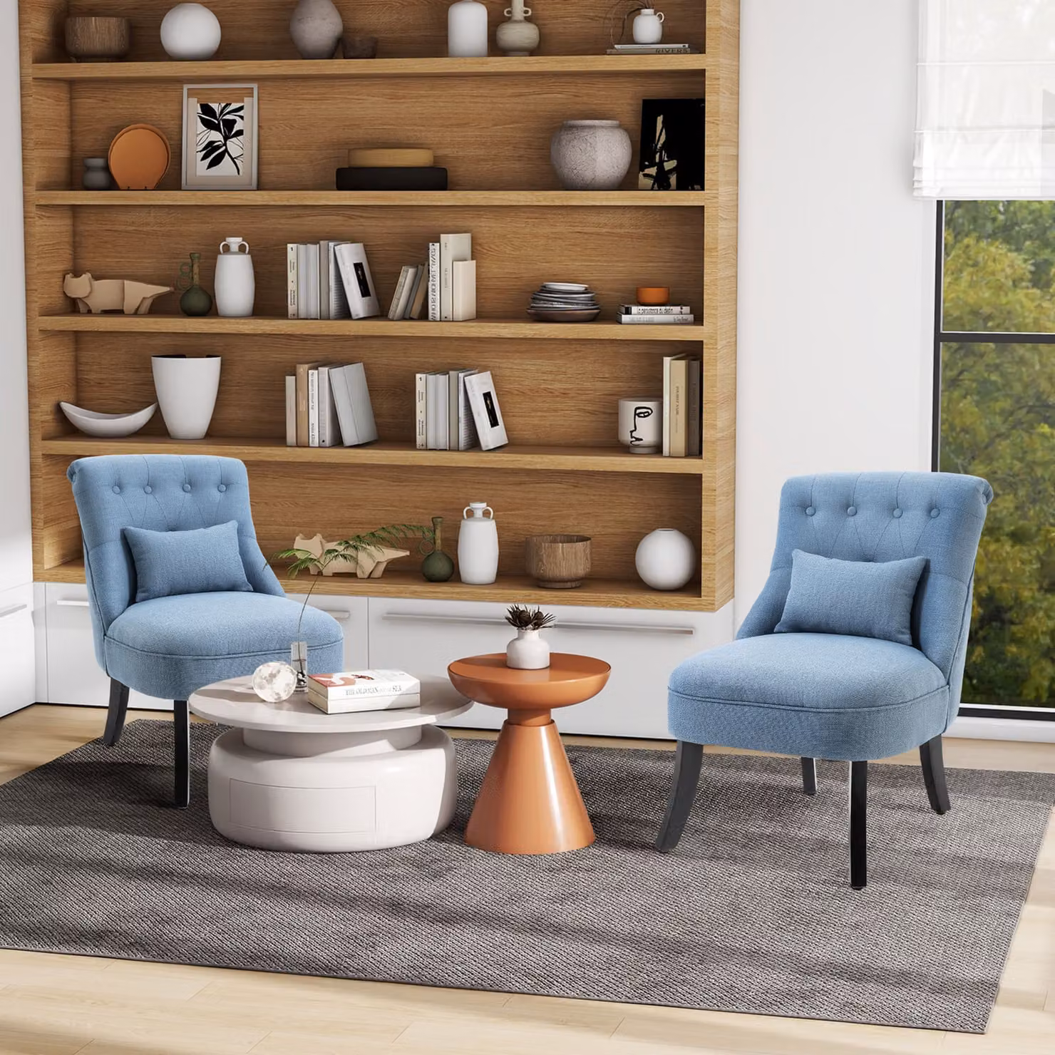 HOMCOM Set of 2 Blue Fabric Upholstered Tub Chairs with Armrests and Metal Frame – 2