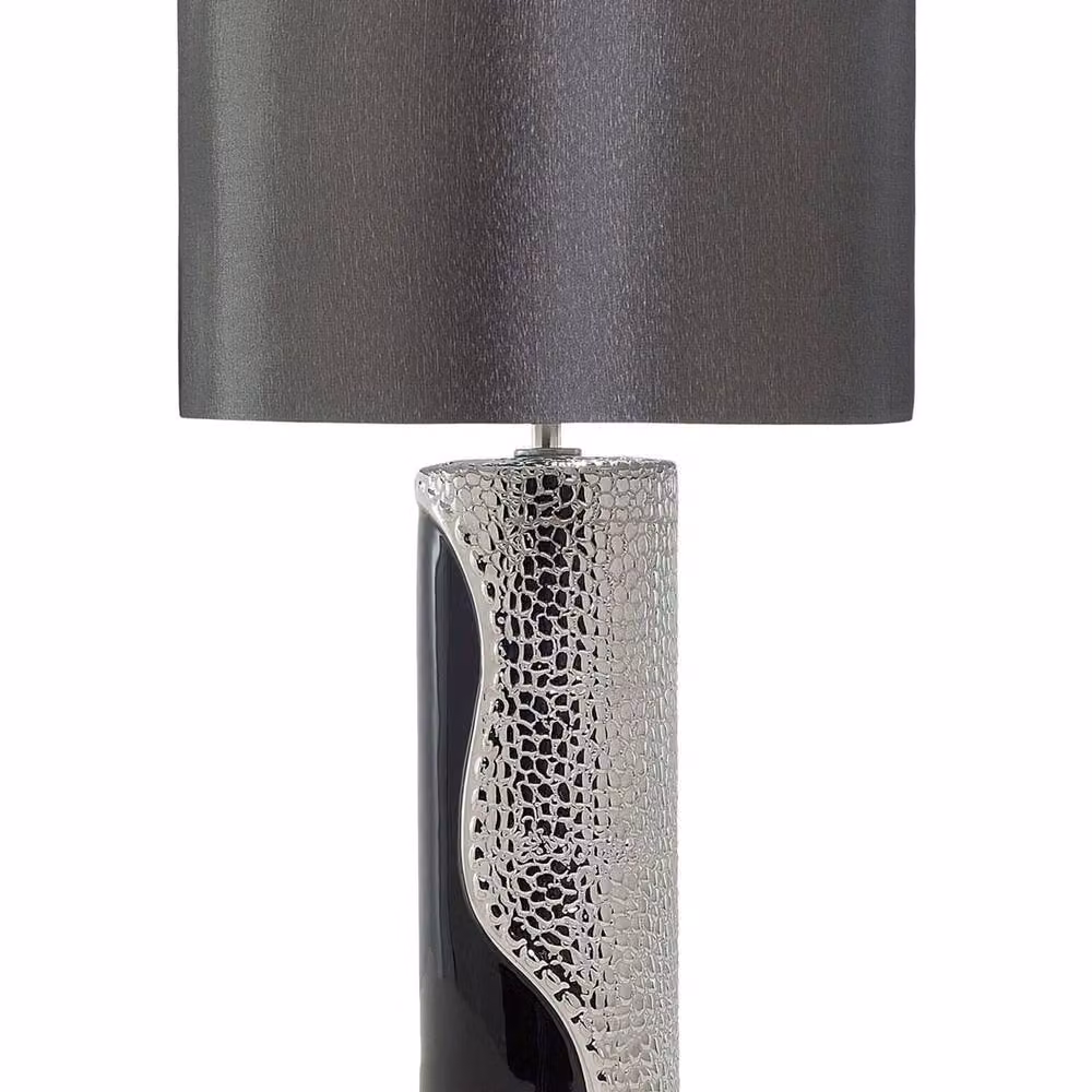 Wyld and Coco Table Lamp with Silver Ceramic Pillar Base and Black Fabric Drum Shade – 2