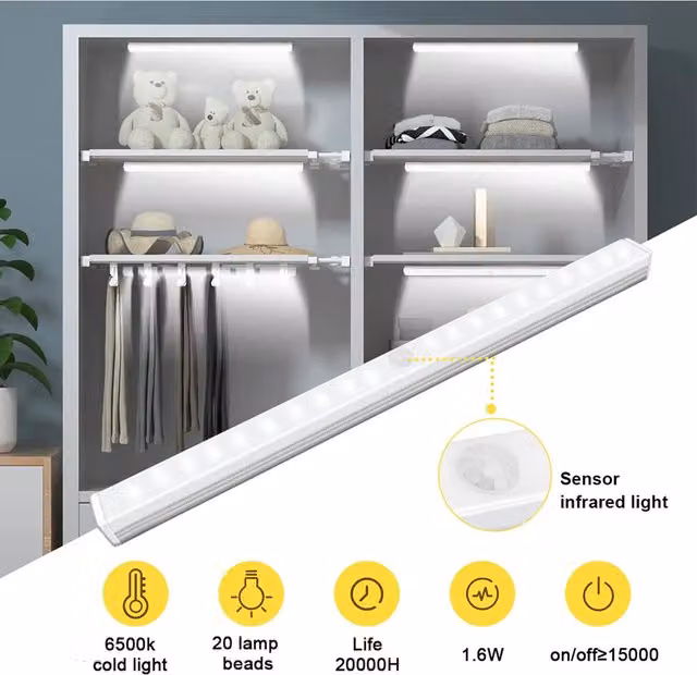 Livingandhome White LED Motion Sensor Wardrobe Light with Rechargeable Battery, 28 cm