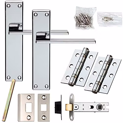 Loops Chrome Sleek Flat Lever Door Handle and Latch Pack, W/H: 180 x 40 mm