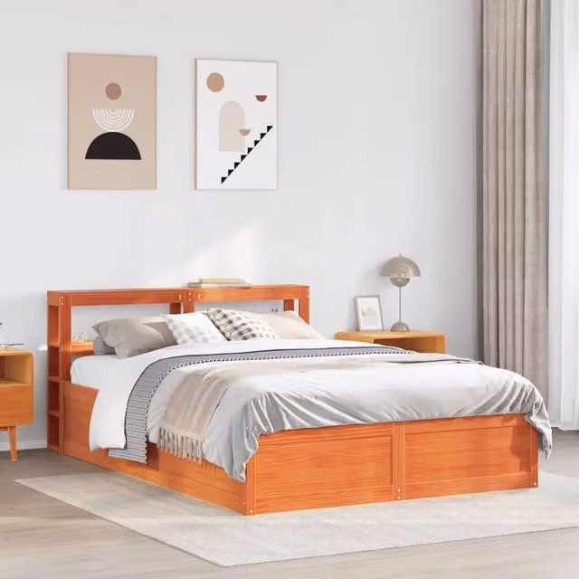 Berkfield Home Sleek Small Double Bed Frame with Headboard in Wax Brown Solid Pine W/D/H: 120 x 200 x 82 cm