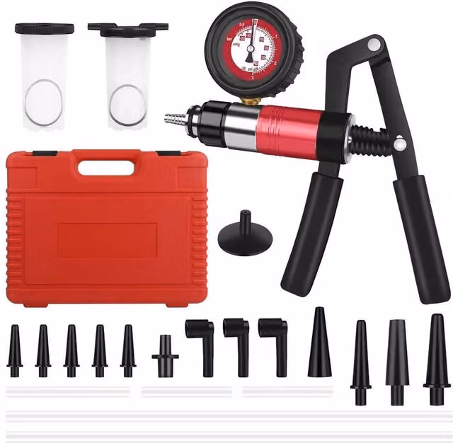 SPETLEK 23-Piece Hand Held Vacuum and Pressure Pump Tester Tool Set in Red with Brass Components, W: 1000 mm, D: 400 mm