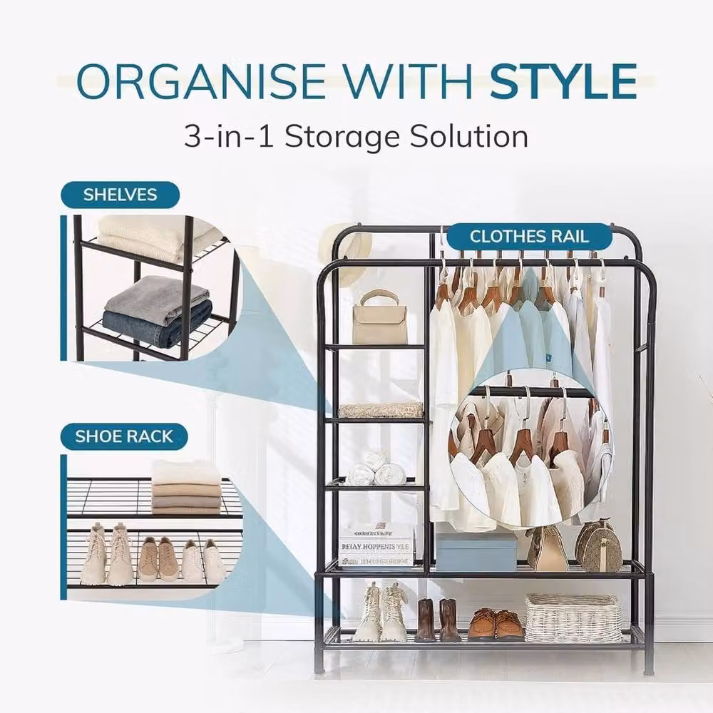 VOGREX Heavy-Duty Double Metal Clothes Rail with Shelves in Matt Black – 3