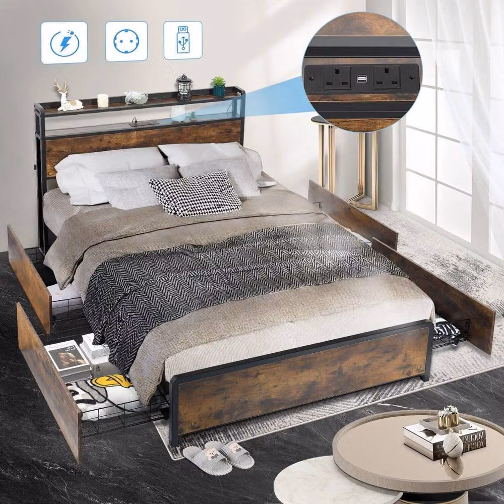 PAWNORA Metal Double Bed Frame with Side Compartments and USB Charging Ports in Brown, W/D/H: 140 x 200 cm – 5