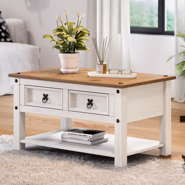 Mercers Furniture Corona 2 Drawer Coffee Table in Distressed White Waxed Solid Mexican Pine