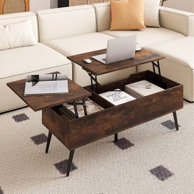 Costway Industrial Lift Top Coffee Table in Brown with Metal Legs