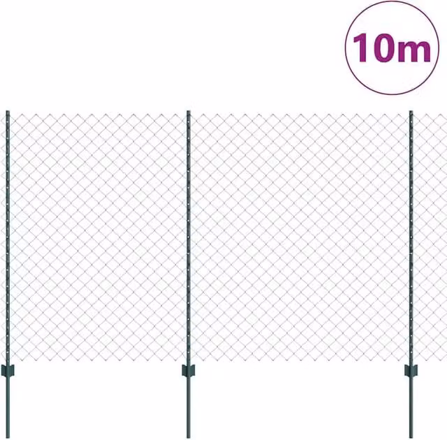 vidaXL Modern Green Steel Chain Link Fence with 10 U-Profile Posts, W: 10 m, H: 1.6 m – 1