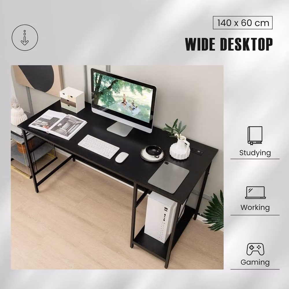 Costway Modern Computer Desk in Black with Charging Station and 4 Power Outlets, W: 140 cm, D: 60 cm, H: 76 cm – 7