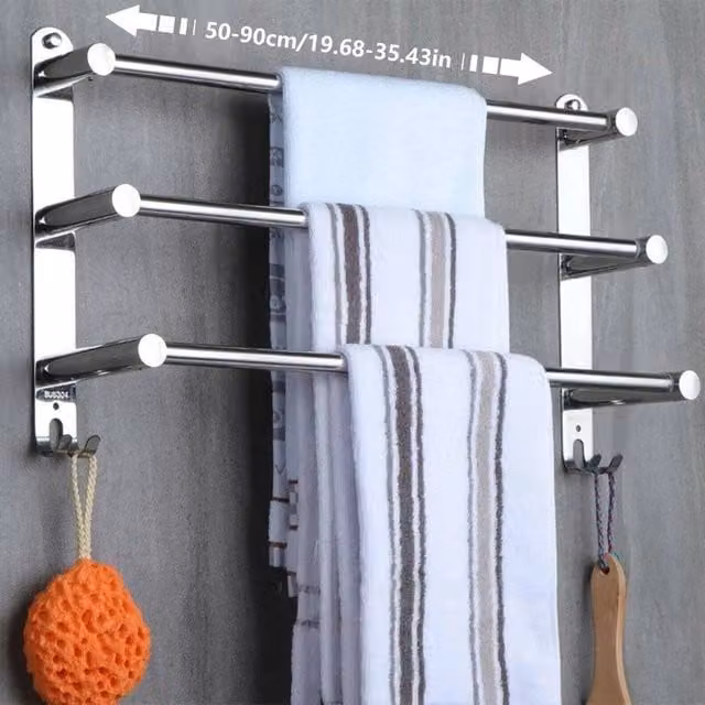 NESTLUNE 3 Tier Stainless Steel Chrome Wall Mounted Towel Rail Shelf Holder in Silver