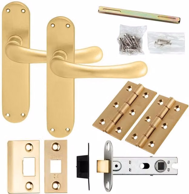 Loops Door Handle and Latch Pack in Satin Brass with Smooth Rounded Lever and Curved Backplate