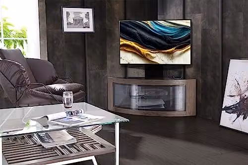 Centurion Supports PANGEA Black and Walnut Beam-Thru Curved True-Corner TV Cabinet with Mounting Arm for 32-50 inch Screens, W/D/H: 118 x 45 x 45 cm – 1