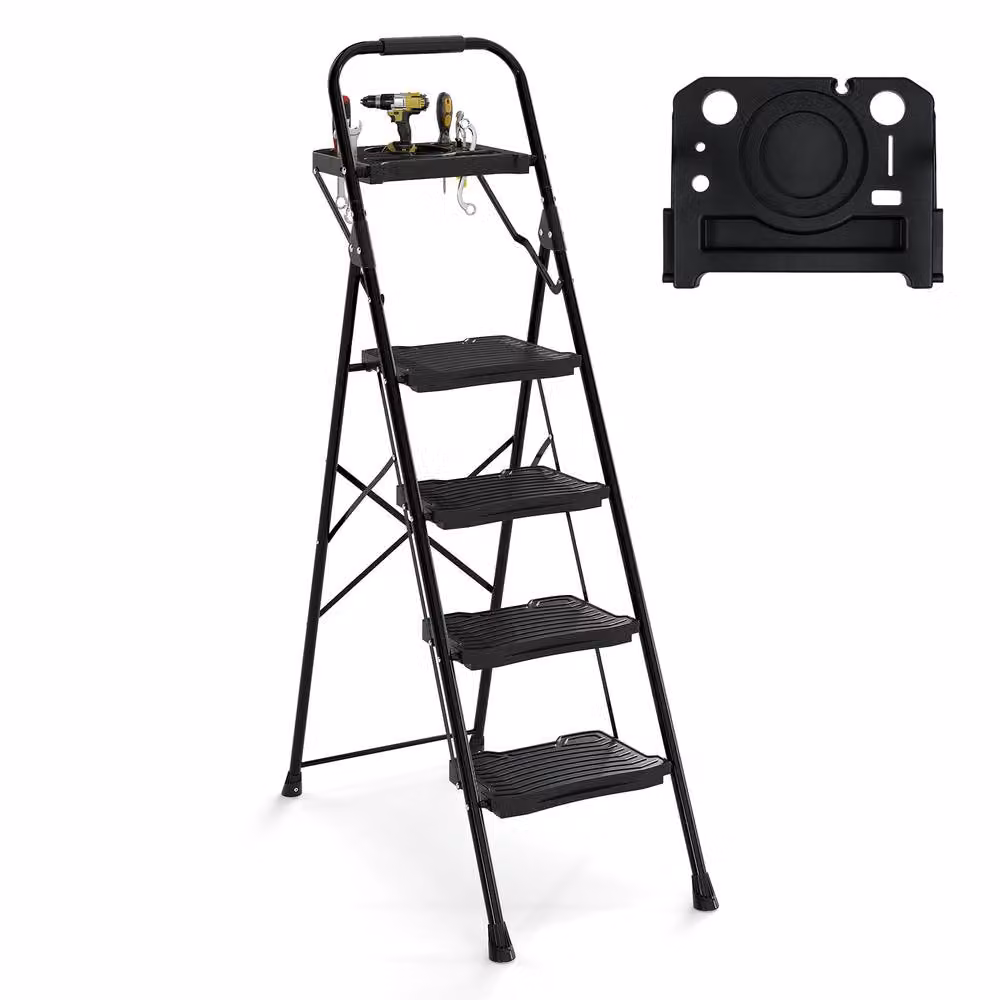 Gymax 4-Step Folding Metal Step Ladder with Tool Tray and Rubber Feet, Black – 10