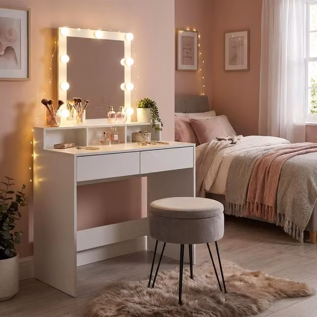 Harbour Housewares Hollywood LED Wooden Dressing Table Set with Grey Stool