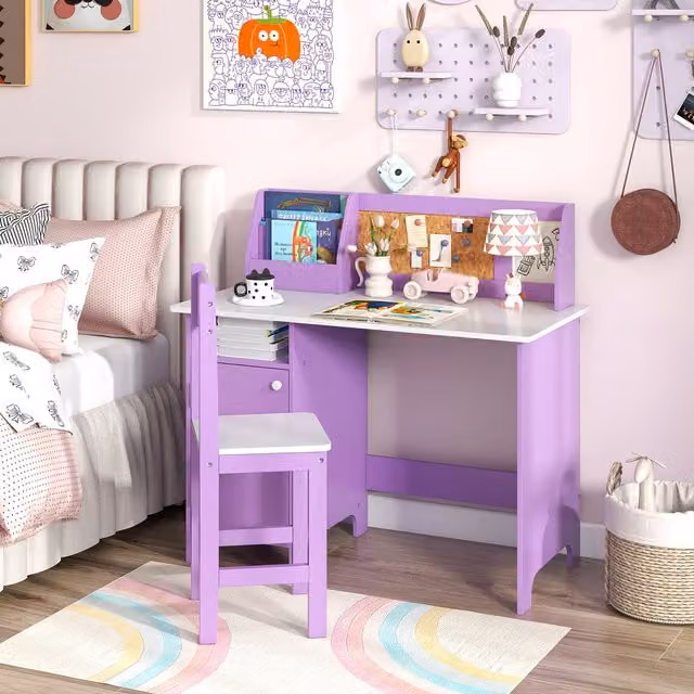 COSTWAY Modern Purple Childrens Study Desk and Chair Set