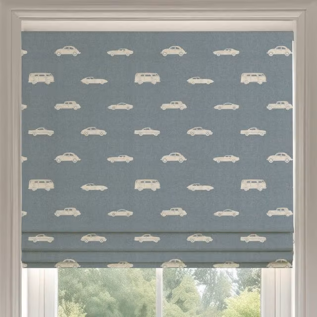 Ante Decor Made To Measure Roman Blind in Blue Denim Cotton with Vintage Cars Print
