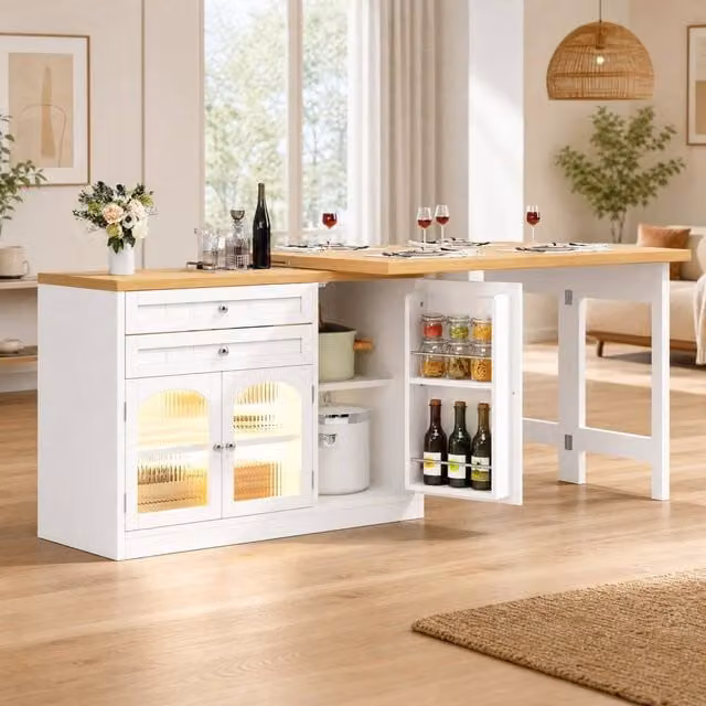 STILVORA Kitchen Island Dining Table with Storage in White and Transparent