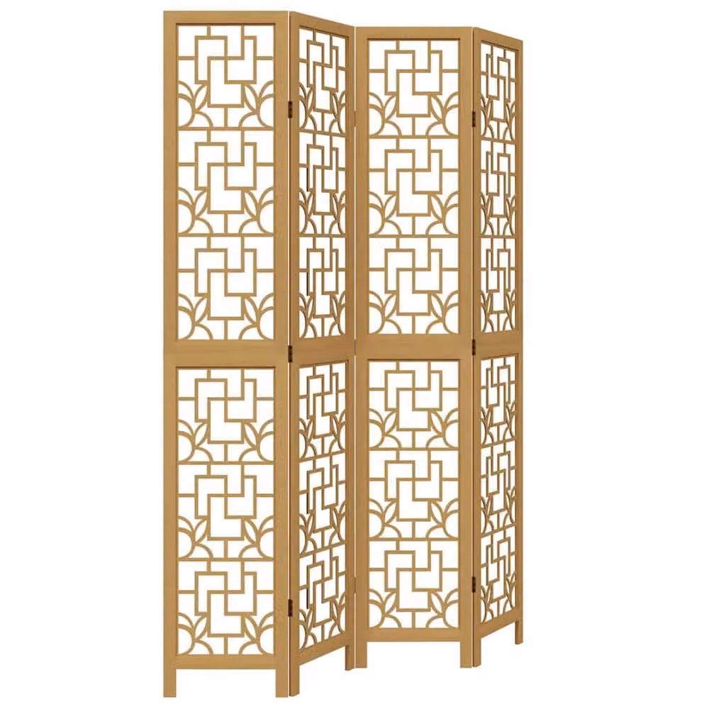 Berkfield Home 4-Panel Room Divider in Light Tan Brown Solid Paulownia Wood – 2