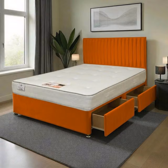 Knight Sleep Emily Plush Superking Bed Set with Hybrid Mattress and 54 inch Headboard in Orange