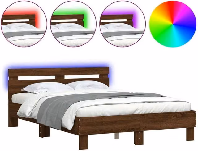 Berkfield Home Small Double Bed Frame in Brown Oak with LED Under-Bed Lighting and USB Charging Port, W/D/H: 120 x 190 cm