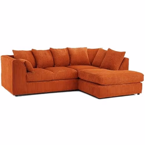 SofaSelection Jumbo Cord Right Hand Corner L-Shape 4 Seater Sofa in Orange with Scatter Cushions