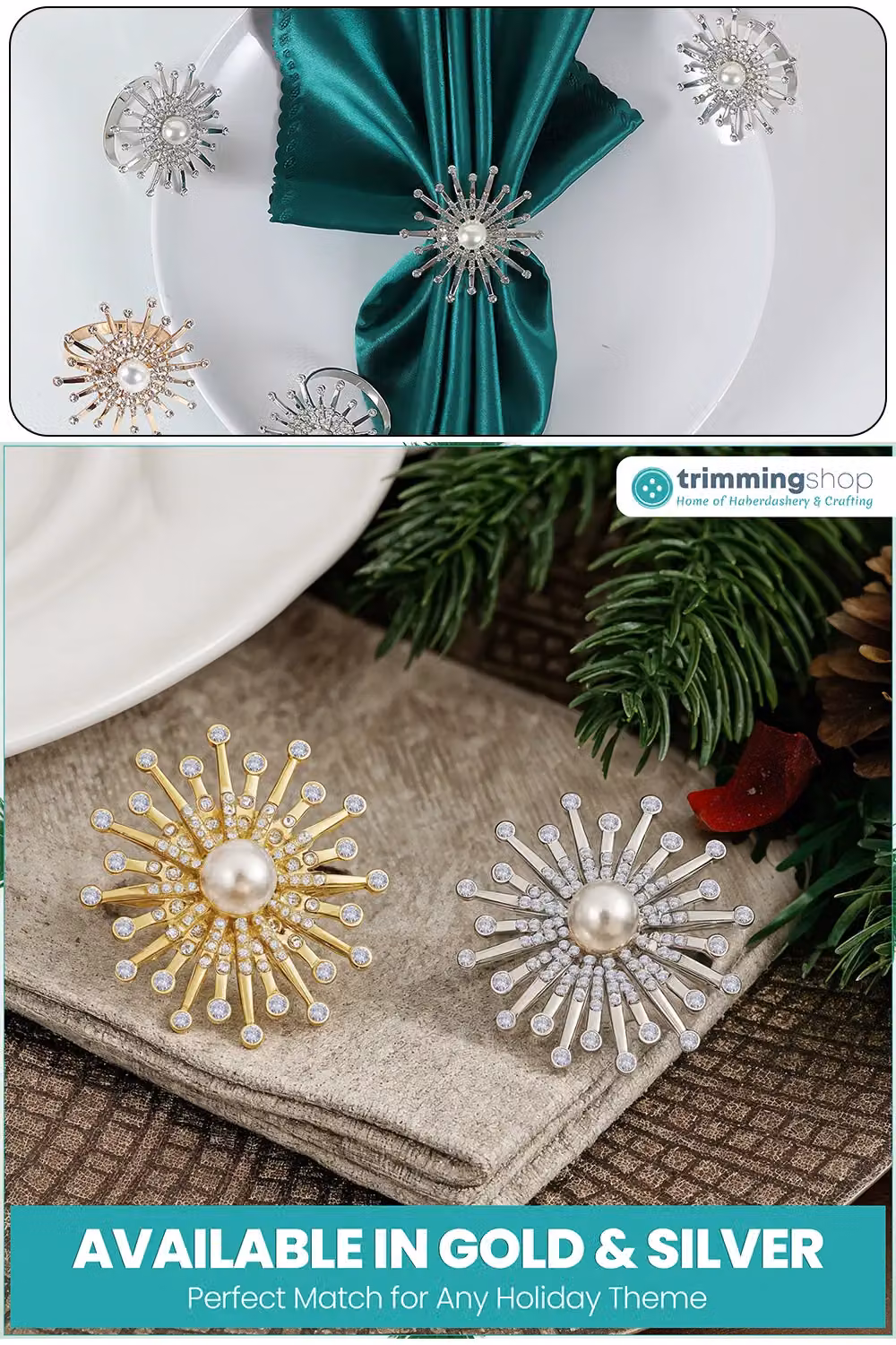 Neel Blue Sunburst Motif Pearl Napkin Rings with Gold Diamante Rhinestones – 5