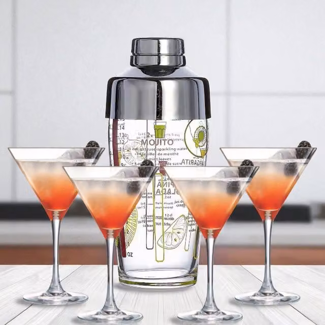 Luminarc 5-Piece Clear Glass Cocktail Shaker Set with 4 Martini Glasses, Shaker Volume: 585 ml, Martini Glass Volume: 300 ml