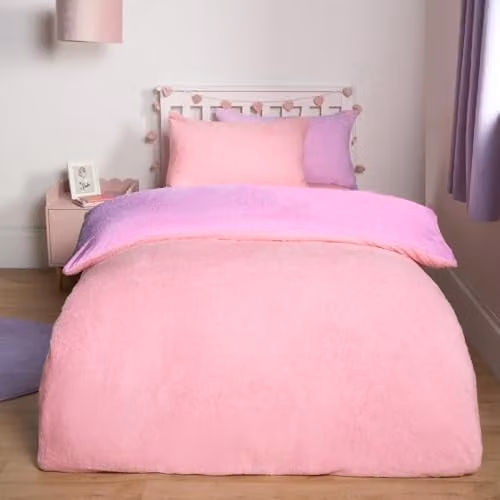 OHS Reversible Teddy Fleece Duvet Cover and Pillowcase Set in Pink and Purple, W/D/H: 135 x 200 cm