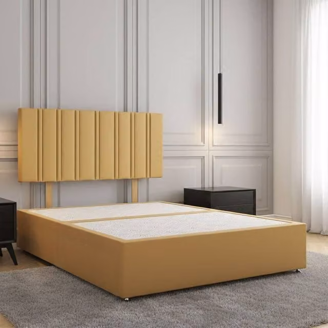 Regional Furnishings Luxury Plush Velvet Double Divan Bed with 24 Inch Headboard in Mustard Yellow, W/D/H: 140 x 200 x 30.48 cm