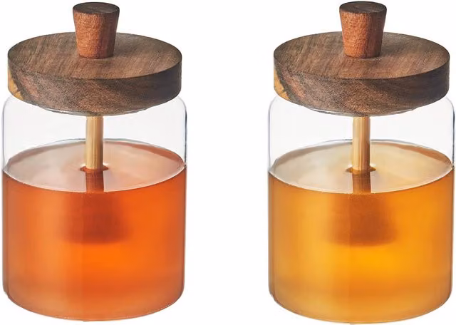 Eden & Willow Clear Glass Honey Jar with Acacia Lid and Wooden Dipper, 440ml (Pack of 2) – 1