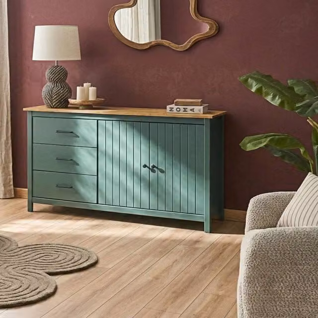 Wyld and Coco Nordic Pine Sideboard in Green with 2 Doors and 3 Drawers in Scandinavian Style