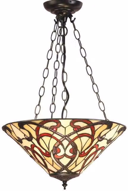 Interiors 1900 Ruban 3 Light Medium Inverted Ceiling Pendant in Bronze with Red Tiffany Glass and E27 Socket