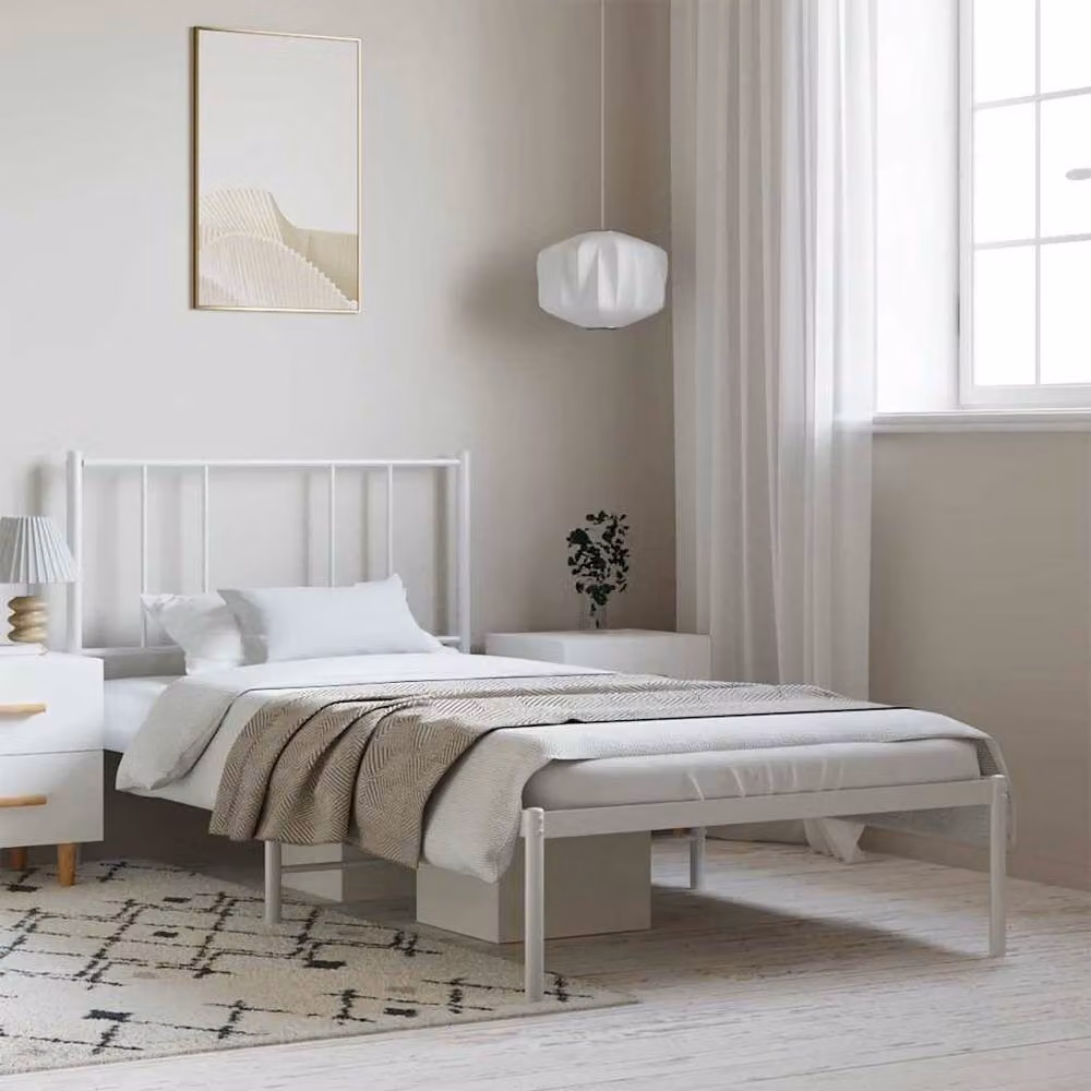 Berkfield Home Metal Bed Frame with Headboard, White, W: 100 cm, L: 200 cm – 2