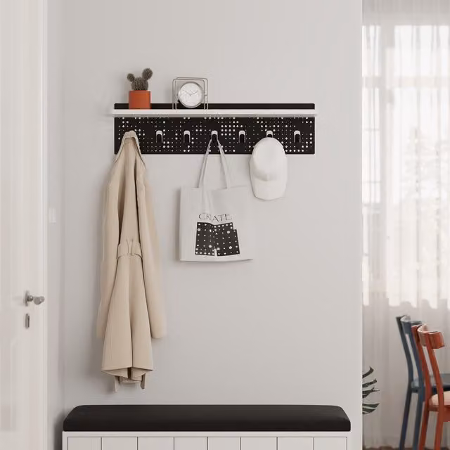 Decortie Poppy Modern Hanger Shelf with 7 Metal Hooks in White