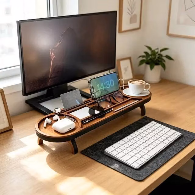 PAWNORA Multi-Compartment Solid Wood Desk Organiser Tray in Brown – 1