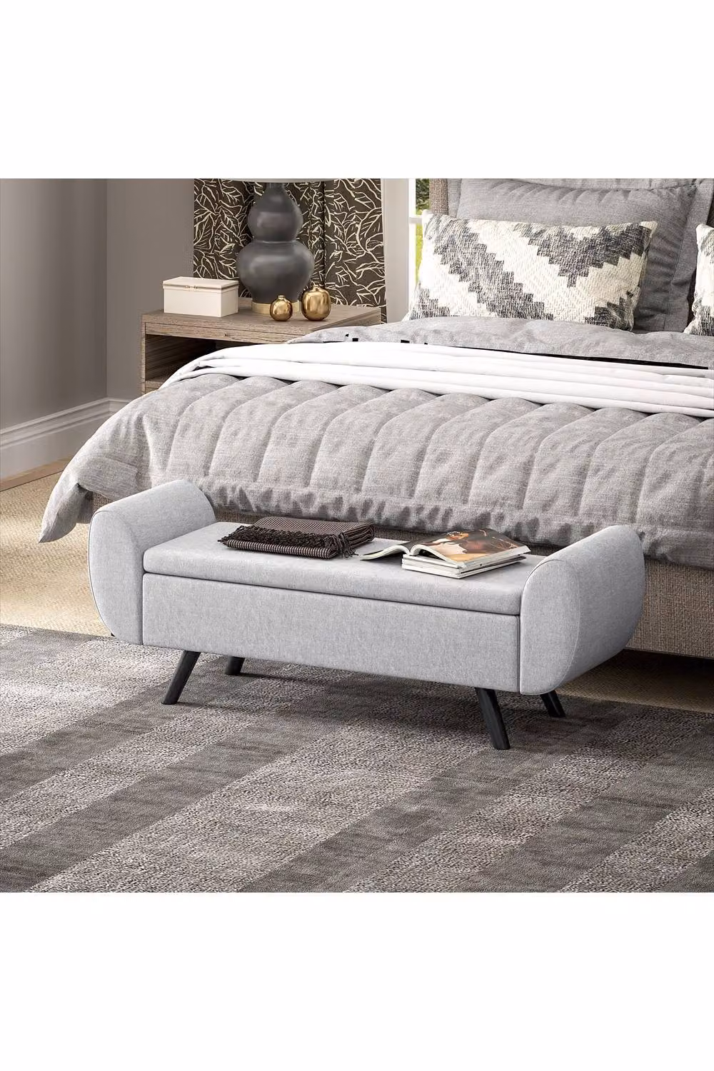 ERGOVEXA Storage Ottoman with Armrests in Grey Fabric, W/D/H: 120 x 50 x 42 cm – 2