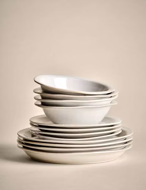 M&S Country Collection 12 Piece Stoneware Dinner Set in Beige and White