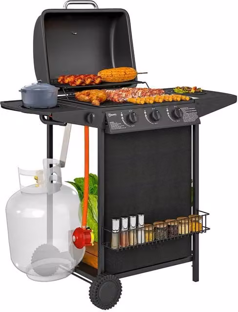 Rolipo Four Burner Propane Gas BBQ Grill with Side Burner, Warming Rack and Thermometer, Black