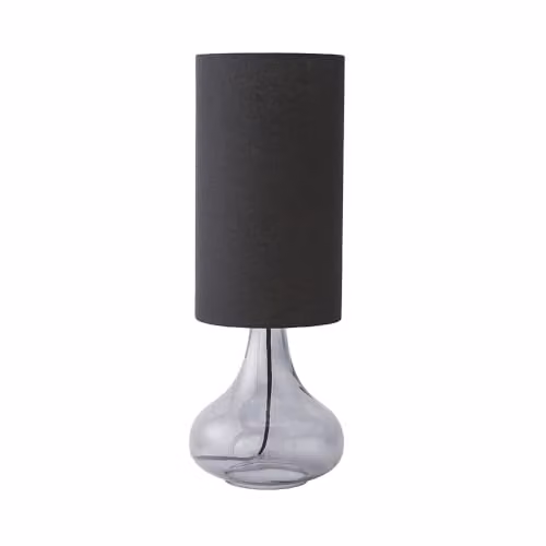 ValueLights Sylvie Black Linen Tall Shade Smoked Glass Squat Table Lamp with LED Bulb