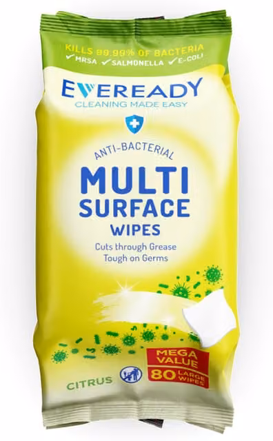Eveready Anti Bacterial Surface Wipes, Yellow, Pack of 80