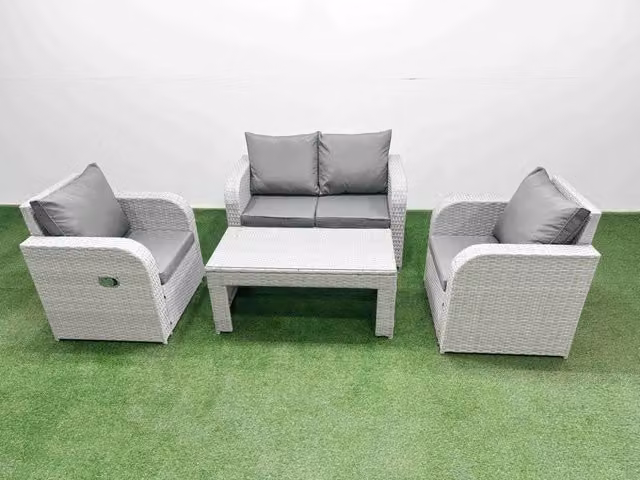 Fimous 4 Seater Grey PE Wicker Rattan Garden Furniture Set with Upholstered Cushions, 2 Seater Sofa, Reclining Armchair and Oblong Coffee Table
