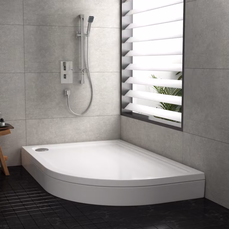 Hudson Reed Pearlstone Right Handed Offset Corner Shower Tray with Riser Kit, White, W: 100 cm, D: 80 cm, H: 4 cm