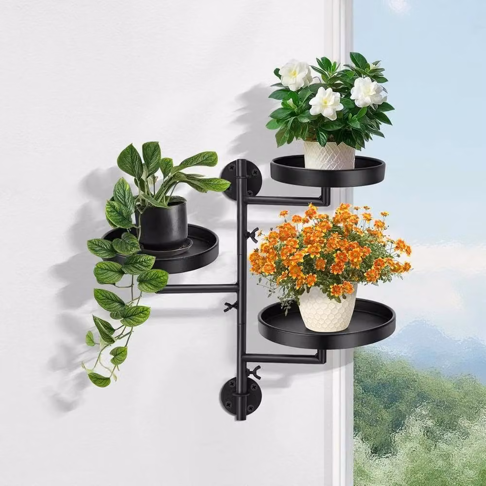 VOGREX 3-Tier Rotating Wall-Mounted Window Plant Shelf in Black Metal – 2